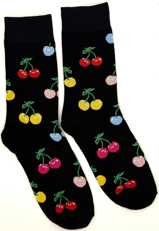 Black socks with colorful cherry pattern on a white background