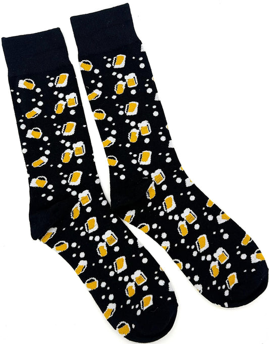 Black mid-calf socks with repeating beer mug pattern and foam dots