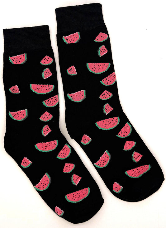 Black socks with watermelon pattern on a white background