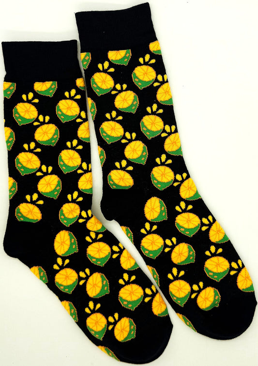 Black mid-calf socks with repeating yellow lemon pattern
