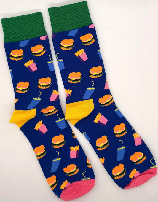 Blue mid-calf socks with burger fries and drink pattern and green cuff yellow heel pink toe