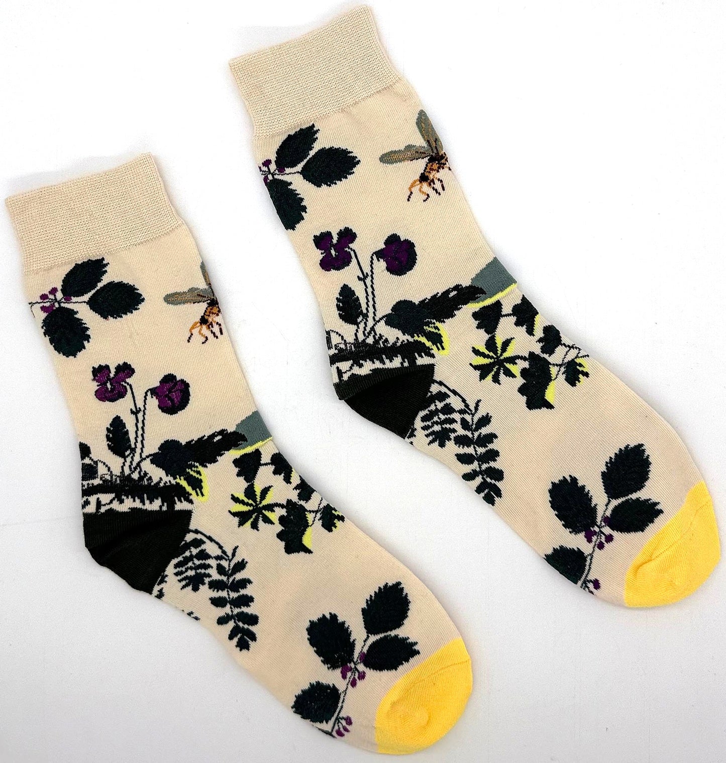 Pair of socks with floral pattern on a white background