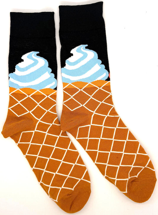 Brown and black mid-calf socks with large ice cream cone graphic design