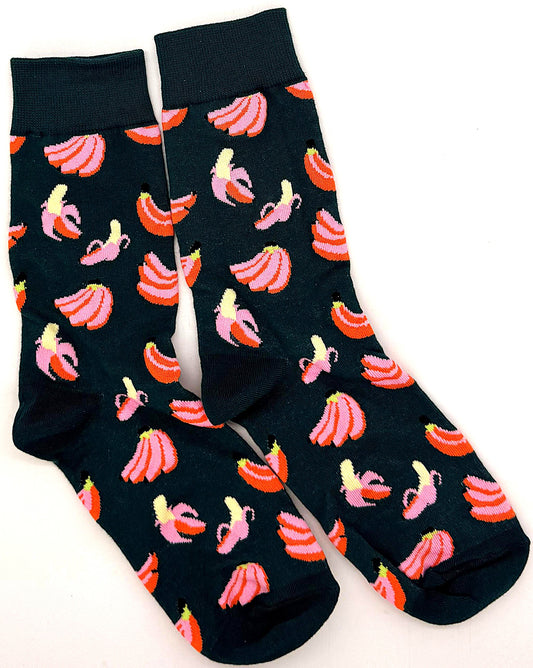 Black socks with pink banana pattern on a white background