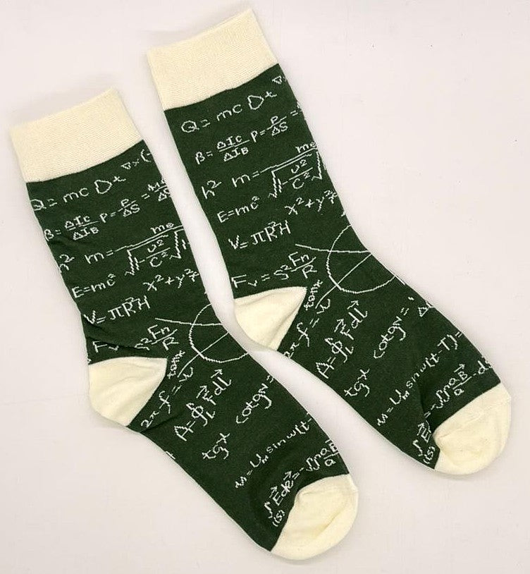 Green socks with mathematical equations on a white background
