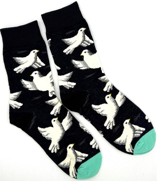Black socks with white bird pattern and green toes on a white background
