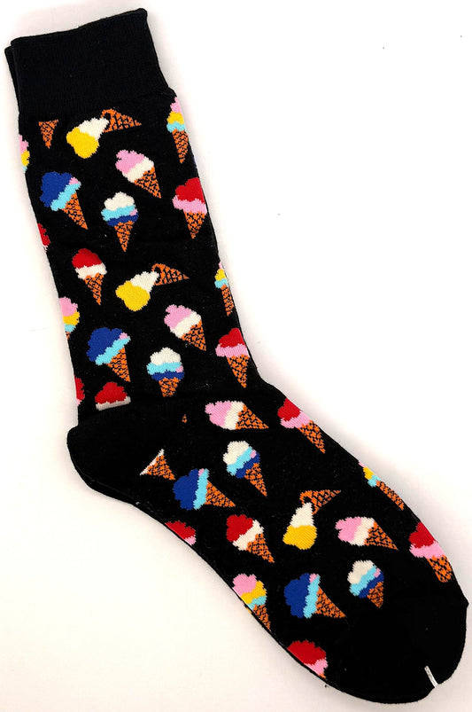 ice cream pattern novelty crew socks black background colourful design