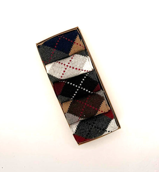 colourful argyle pattern crew socks gift box 5 pair set