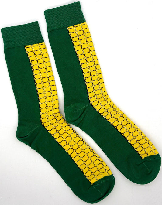 Green mid-calf socks with yellow corn panel pattern