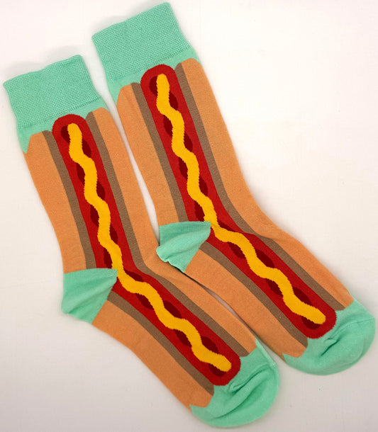 Colorful socks with a hot dog design on a white background