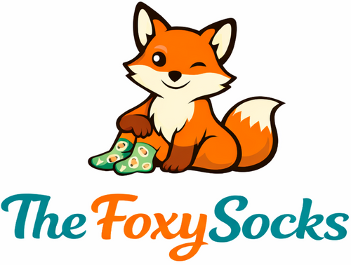 Logo of 'The Foxy Socks' with a cartoon fox holding socks on a white background