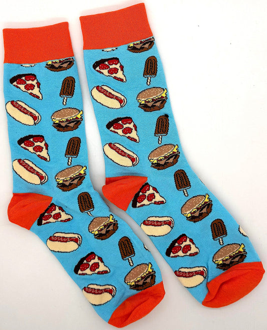 Colorful socks with food pattern on a white background