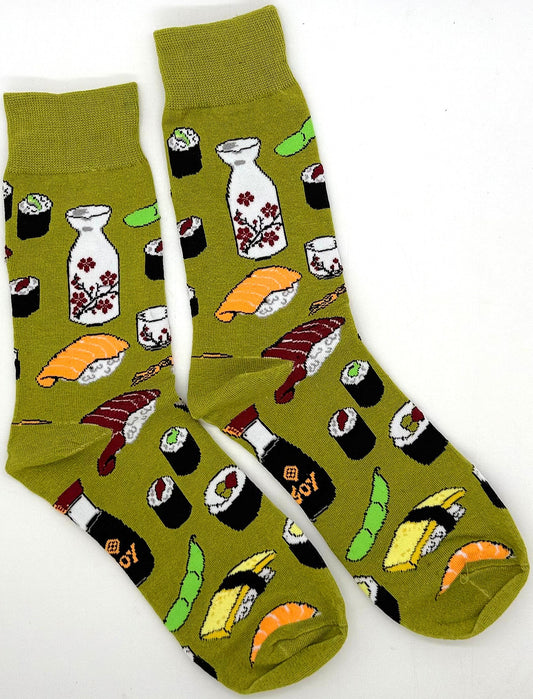 Olive green mid-calf socks with repeating sushi and bottle pattern