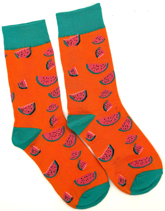 Orange socks with watermelon pattern and teal accents on a white background
