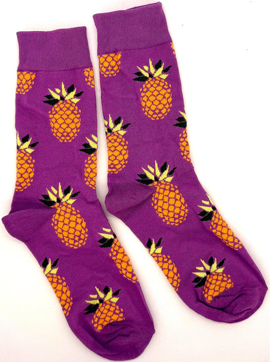 Purple socks with pineapple pattern on a white background