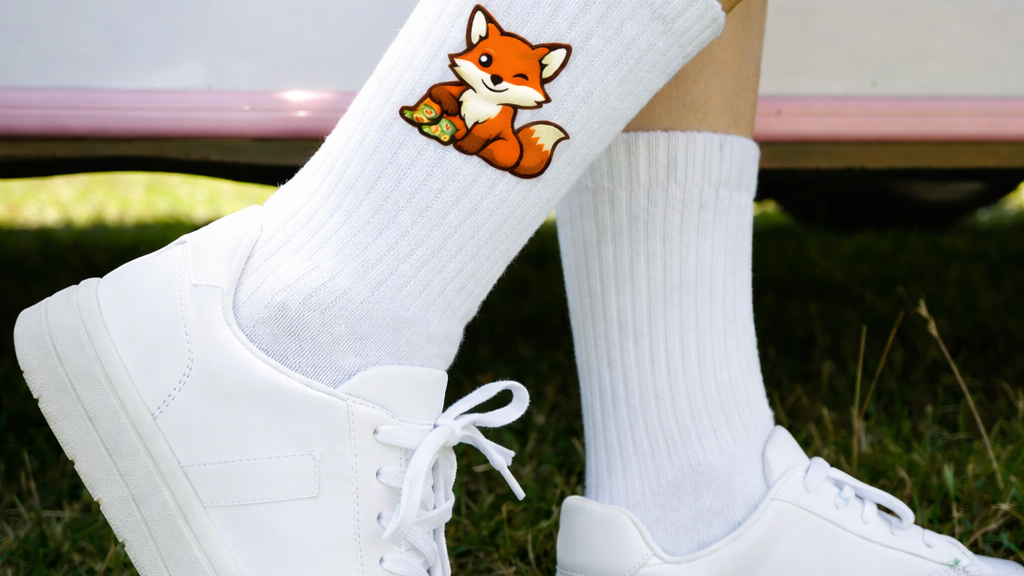 White socks with a fox design worn with white sneakers on grass.