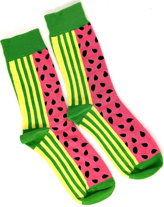 Colorful socks with watermelon pattern on a white background