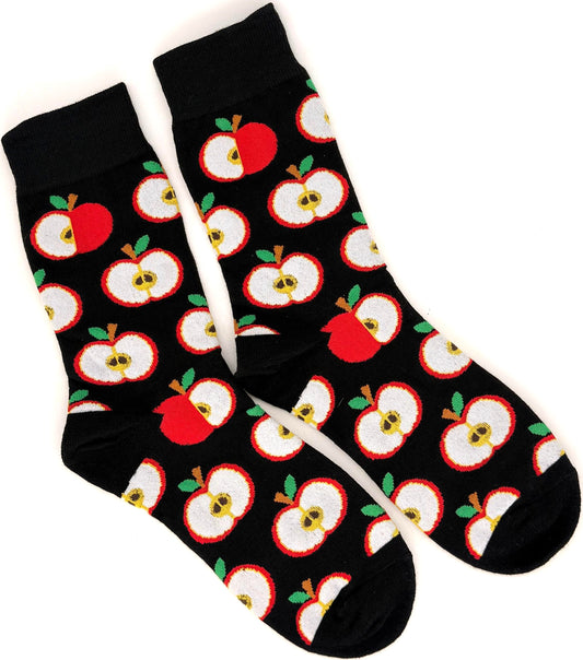 Black socks with red apple pattern on a white background